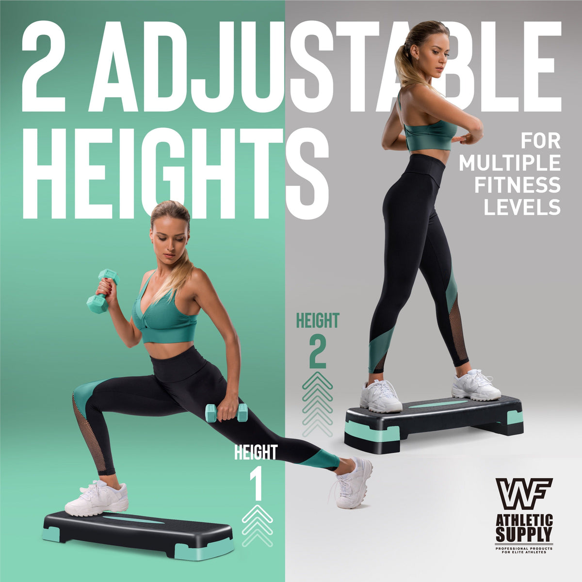 Aerobic Step Platform Set with 2LB Dumbbells & Measuring Tape – Adjustable Height Non-Slip Exercise Stepper 550lb Capacity for Home Gym Cardio Workout, Pink Green Blue