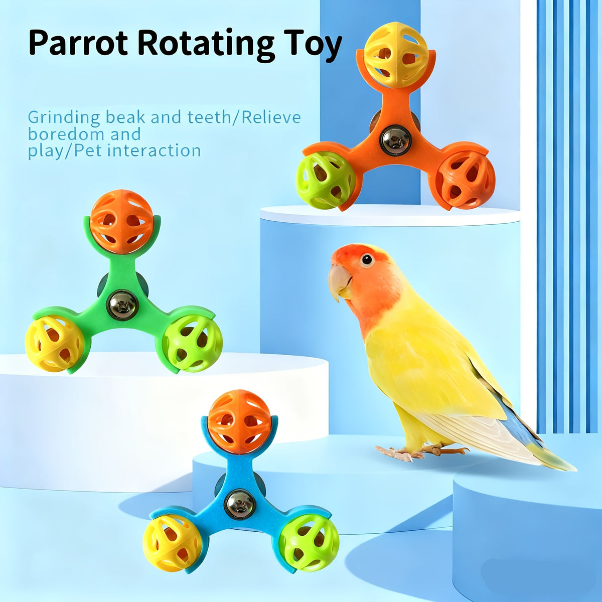 Parrot Rotating Bell Toy 360 Degree Spinning Puzzle Enrichment Anti-Boredom Bird Cage Accessory for Budgies Cockatiels Conures Lovebirds Blue Green Yellow Orange Pink