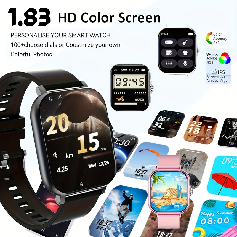 Smartwatch 1.83 Inch Full Touch Screen Wireless Calling Heart Rate Sleep Monitor Pedometer Multi-Sport Fitness Watch for Men Women – USB Rechargeable Pink Silver Black Gold