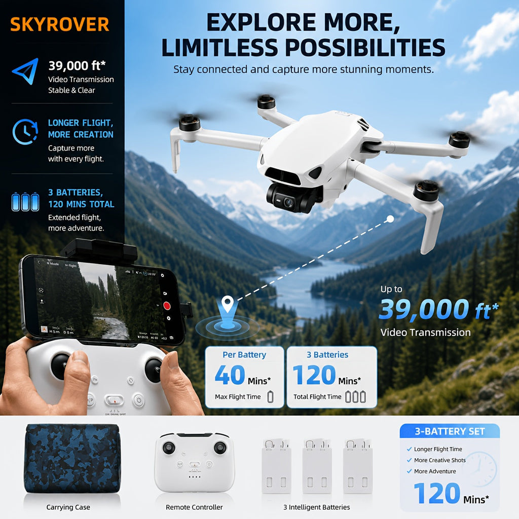 Skyrover S1 Mini Drone with 4K/60fps Camera 1/2" Sony Sensor 48MP – 3-Axis Gimbal, 12KM Transmission, 120-Min Flight (3 Batteries), Auto-Track, Smart RTH, Under 249g – S1 Combo Kit