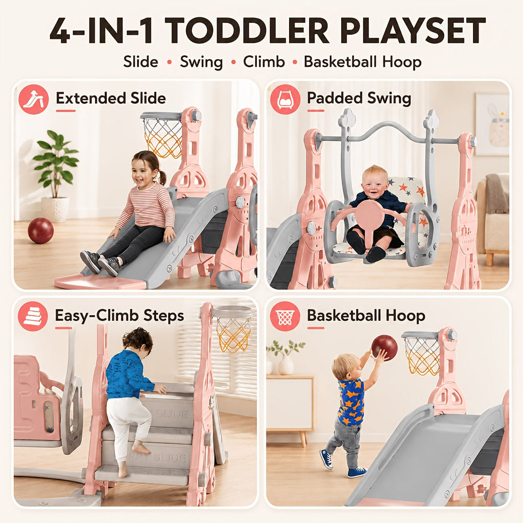 Toddler Slide and Swing Set 4-in-1 Heavy-Duty Indoor Outdoor Kids Playset with Extended Slide Adjustable Padded Swing Basketball Hoop & Enclosed Steps – Ages 1-3