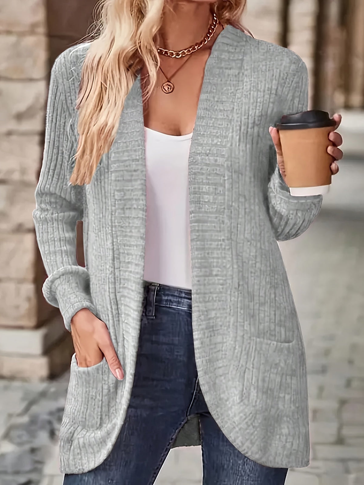 Women Open Front Cardigan Jacket with Pockets Long Sleeve Solid Color Casual Knit Coat Light Grey Black S M L XL Lightweight Layering Outerwear