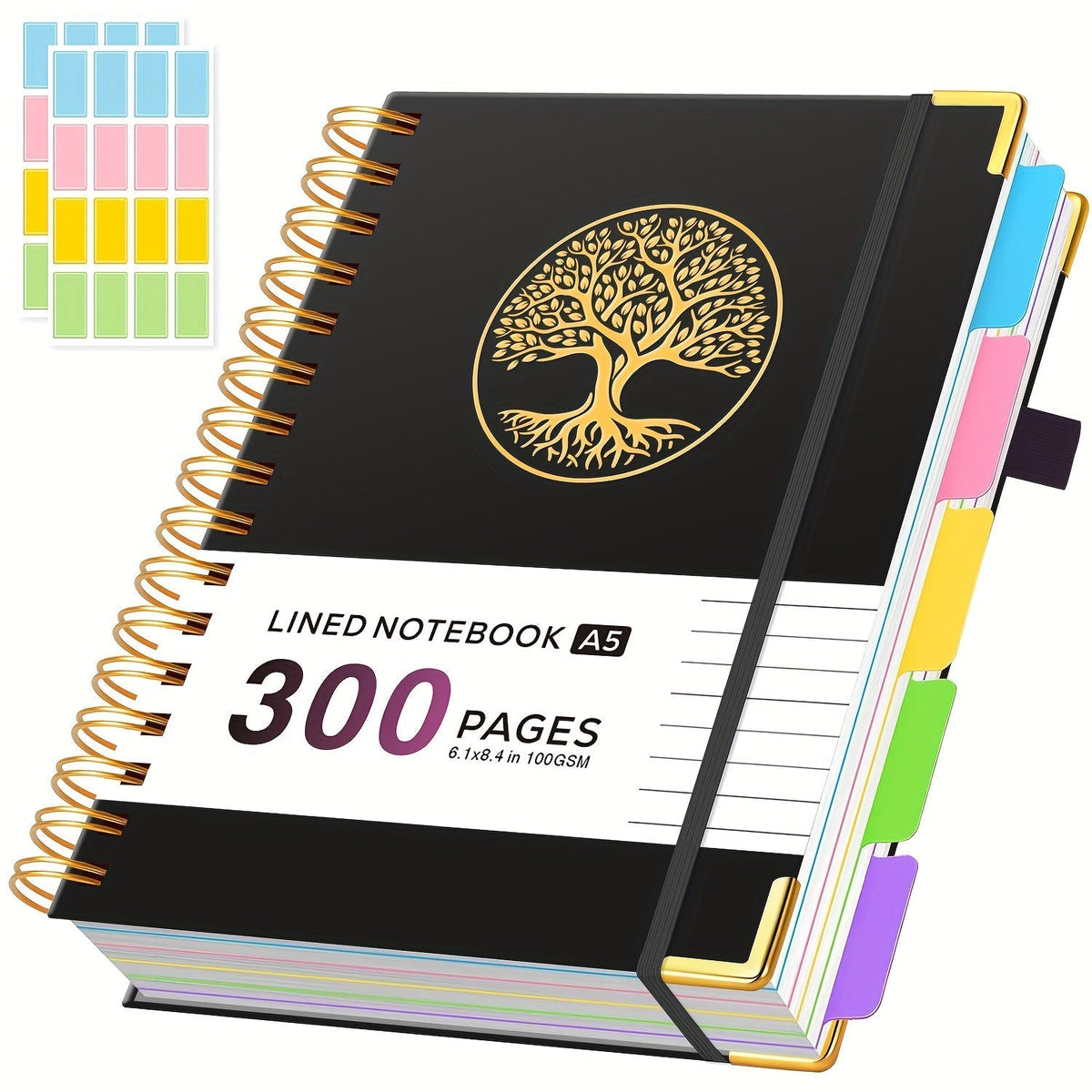 A5 Hardcover 5-Subject Spiral Notebook Journal – 300 College-Ruled Pages with Removable Divider Tabs & Pocket, 6.1" x 8.4" Lined Notebook for Work, School & Note Taking, Back to School Supplies
