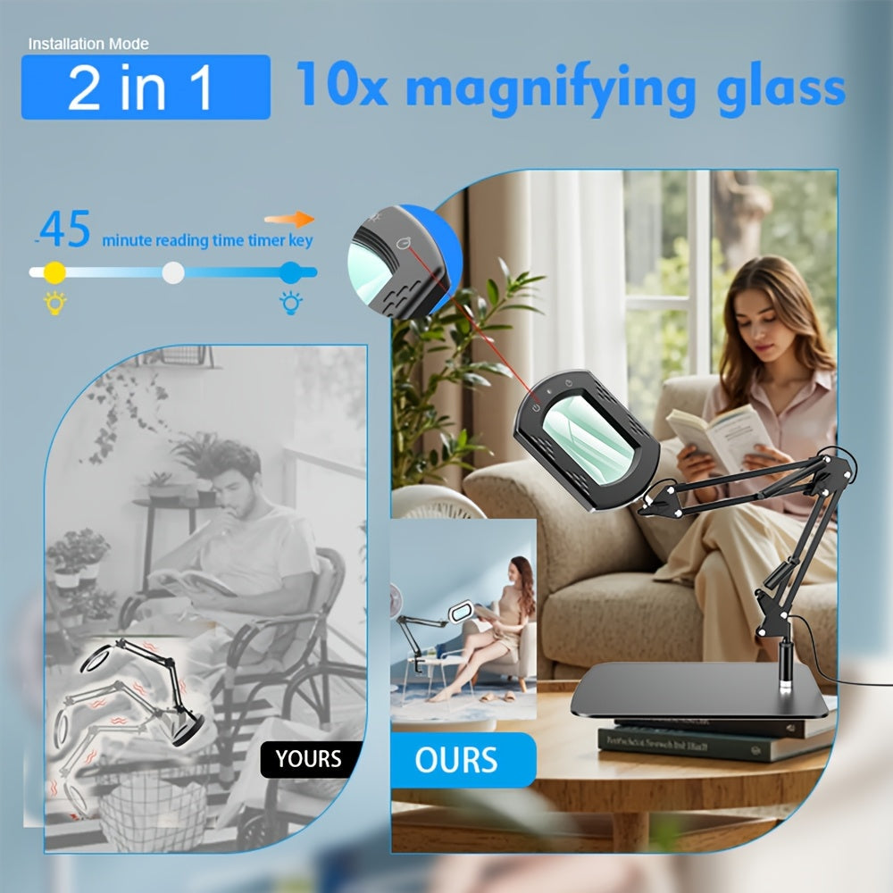 15X LED Magnifying Glass Lamp with Adjustable Arm & Clamp – Dimmable 3-Color USB Desk Magnifier for Reading, Crafts, Nail Art, Sewing & Precision Work (Black/White)