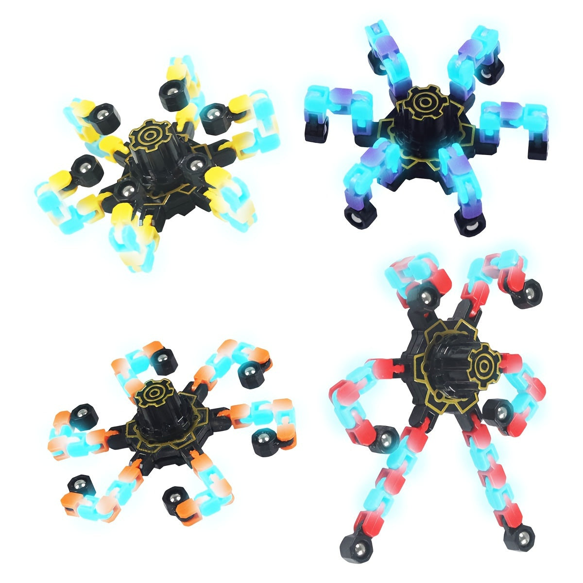 Mechanical Gyro Spinning Top Set 8 Pieces - 4 Night Light Gyros and 4 Regular Deformable Models, Shape-Shifting Fidget Spinners Toy for Kids Boys and Girls, Party Favor and Birthday Gift