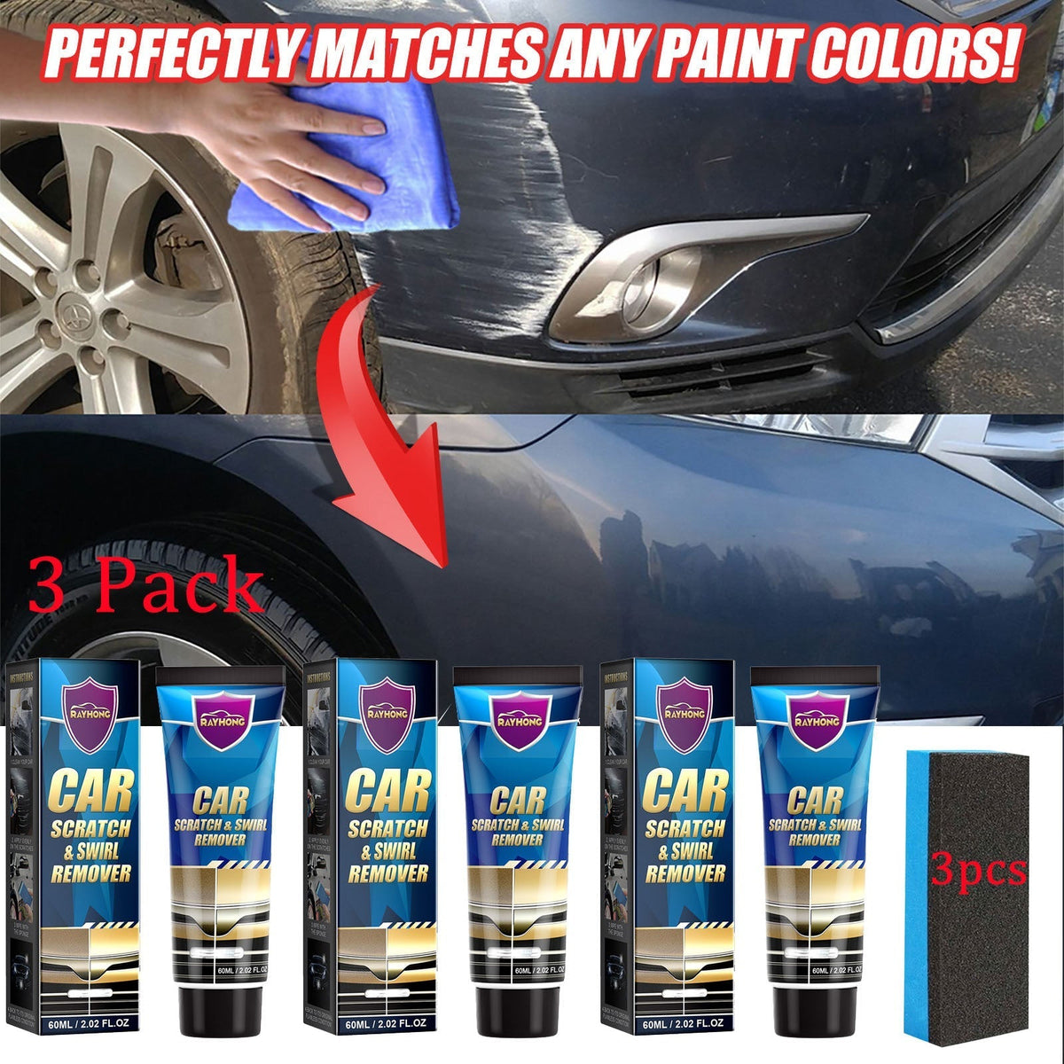 Car Scratch & Swirl Remover Paste 3-Pack – Universal Color Match Formula, Auto Paint Repair Polishing Cream, Easy DIY Touch-Up & Restoration for All Car Colors, Clear Coat Safe, Exterior Detailing