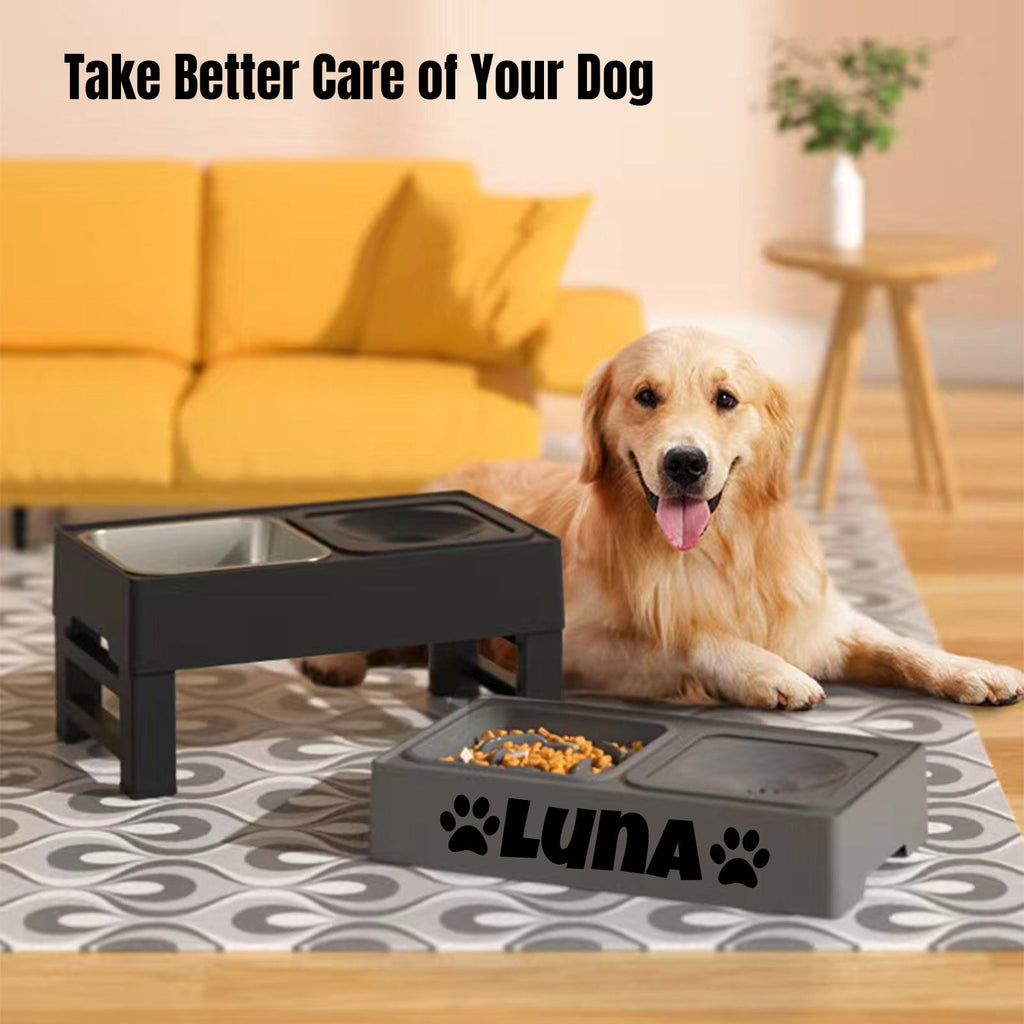 Elevated Dog Bowls with Adjustable Stand - Custom Slow Feeder & Spill-Proof Water Bowl for Small Medium Large Dogs - Raised Dog Bowl Set with Personalized Font Options, Black or Gray