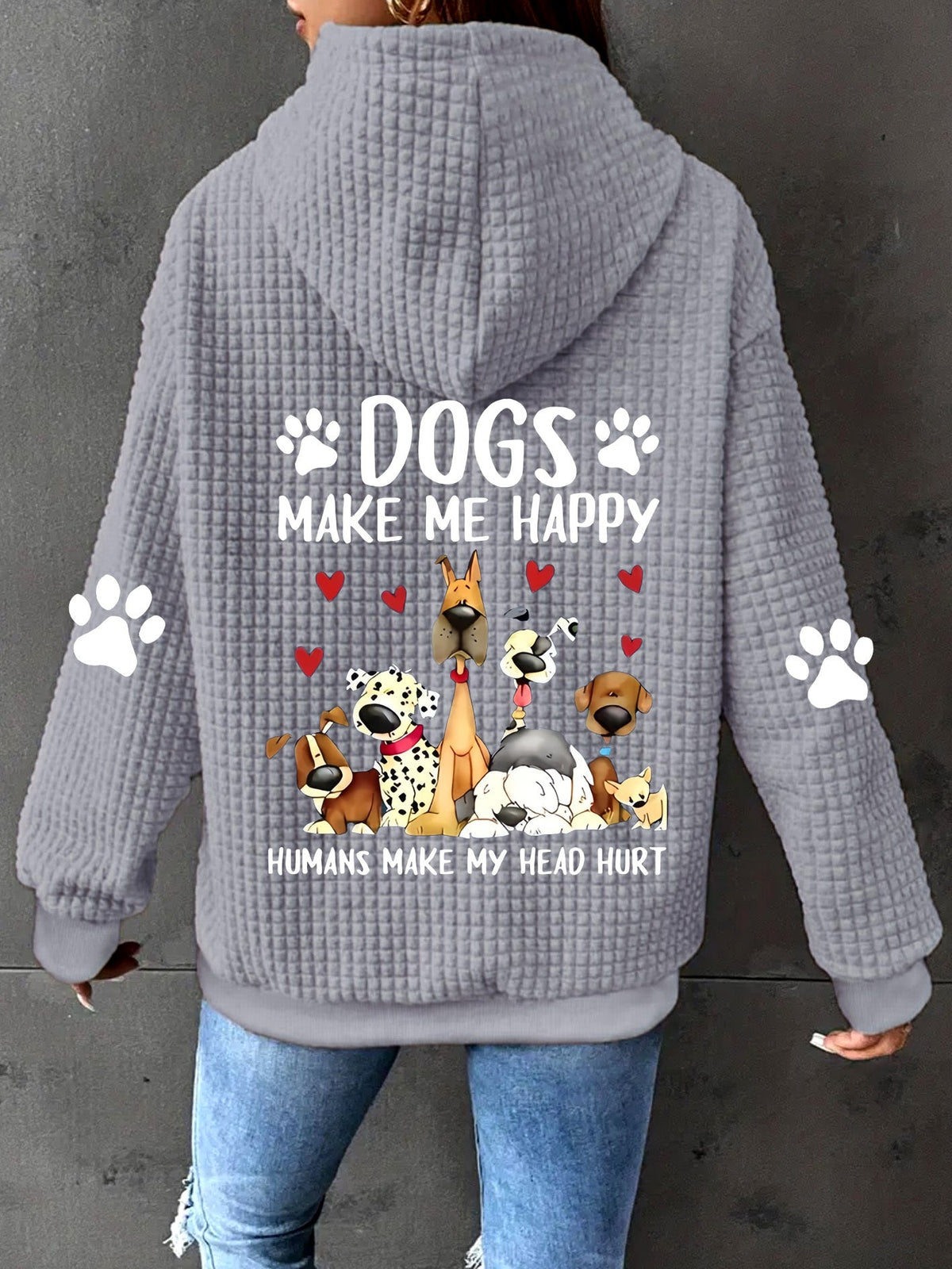Dog Print Zip Up Hoodie Women Waffle Casual Sweatshirt Drawstring Geometric Pattern – 100% Polyester Machine Washable S-XXL Pink Black Grey Orange-Red