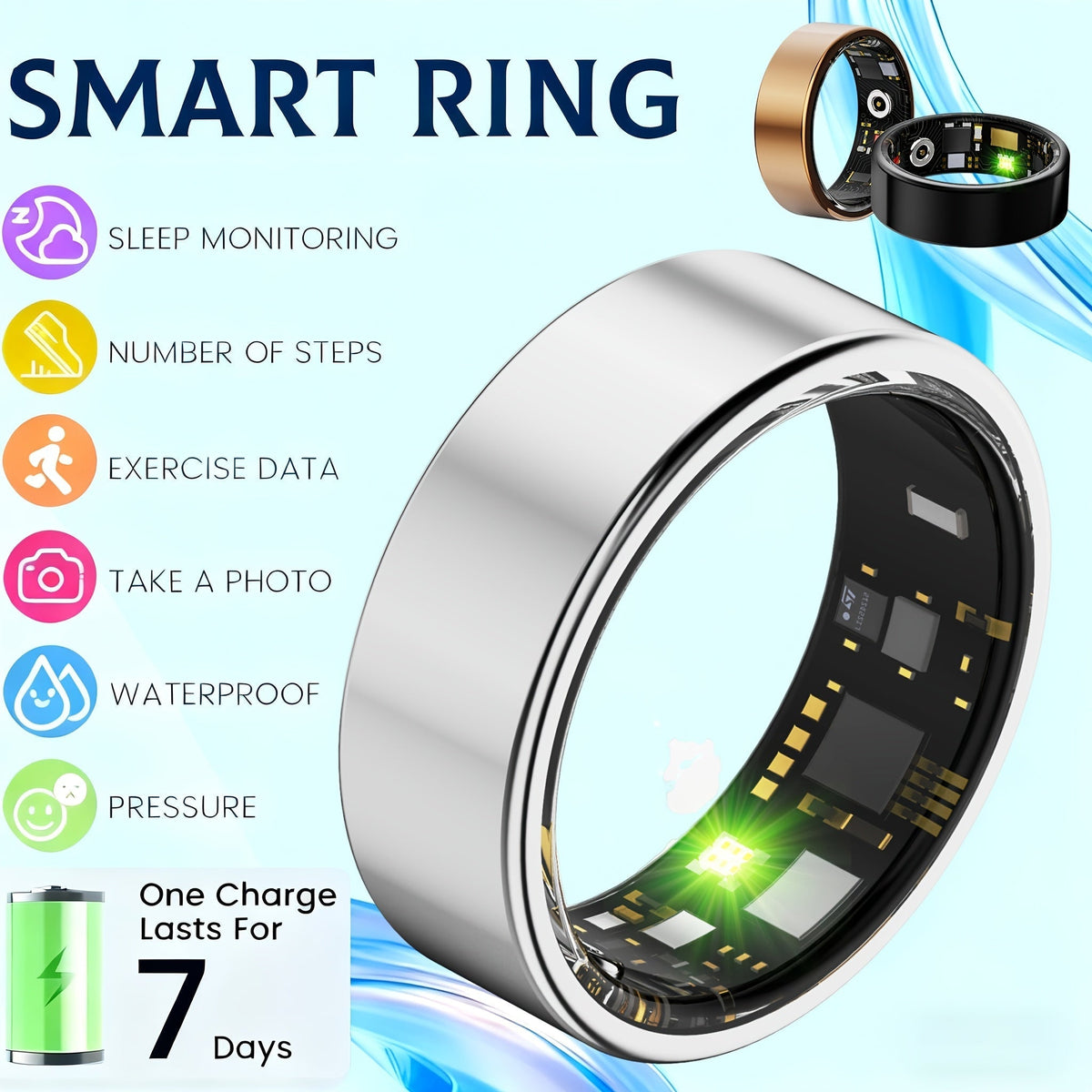 Smart Ring Fitness Tracker for Women Men – Steps Calories HRV Heart Rate Stress Body Temp Monitor 100+ Sports Modes IP68 Waterproof iPhone Android Compatible