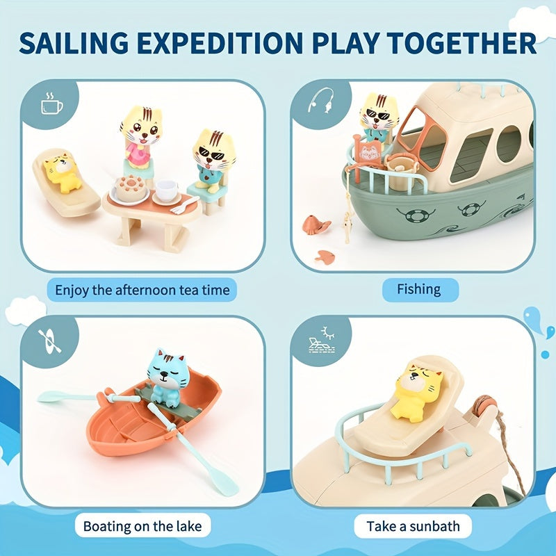 Cat Pirate Boat Playset for Kids – Kitten Pretend Play Toy with Cat Figures & Random Accessory Colors, Fun Pet Pretend Play Set, Pirate Party Favor Prize, Creative Gift for Boys Girls Ages 3 4 5 6+