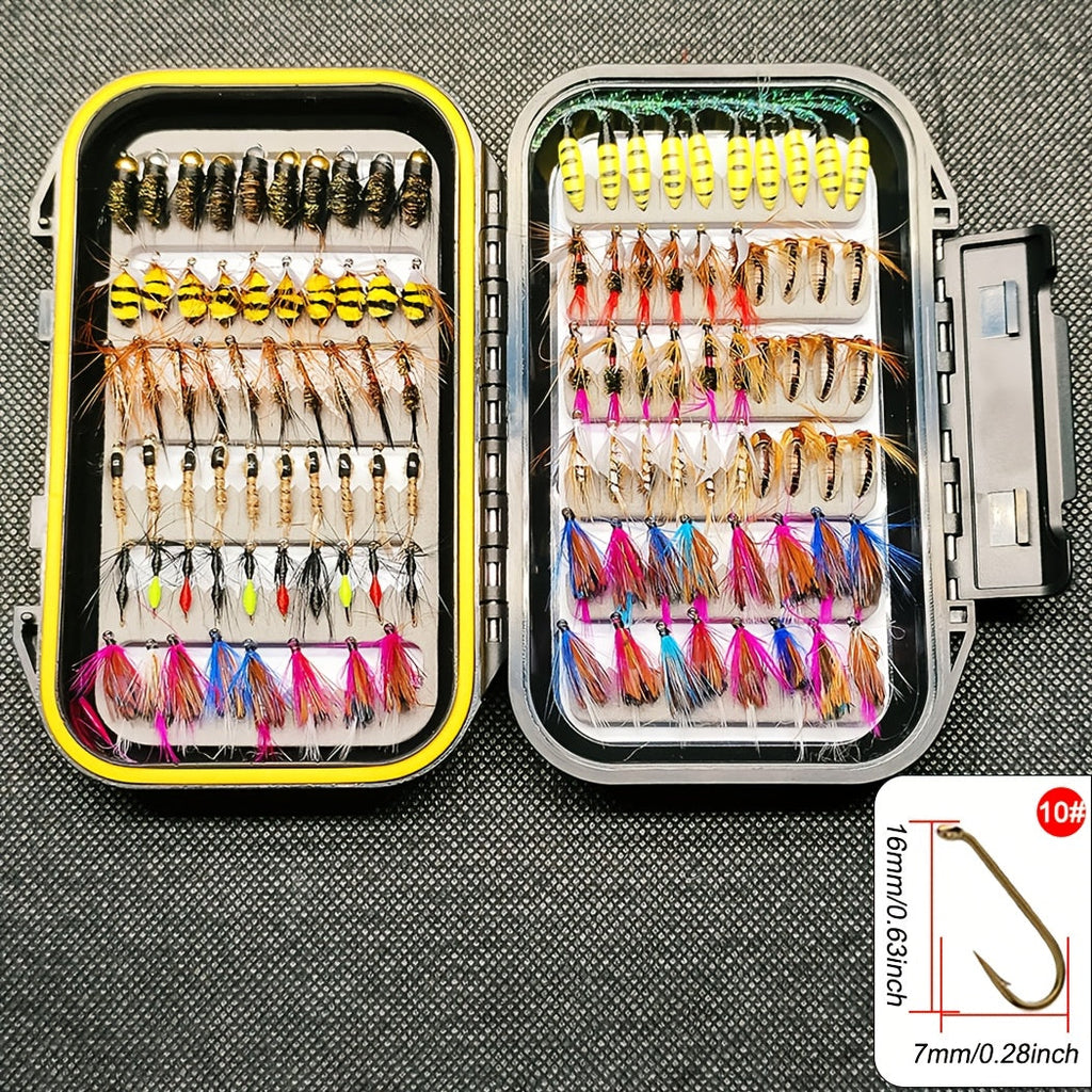 114-Piece Fly Fishing Lures Assortment with Portable Box - 11 Mixed Styles Dry/Wet Flies, Nymphs & Streamers, Size 10 Hooks for Trout, Bass, Salmon, Steelhead & Carp - Freshwater & Saltwater