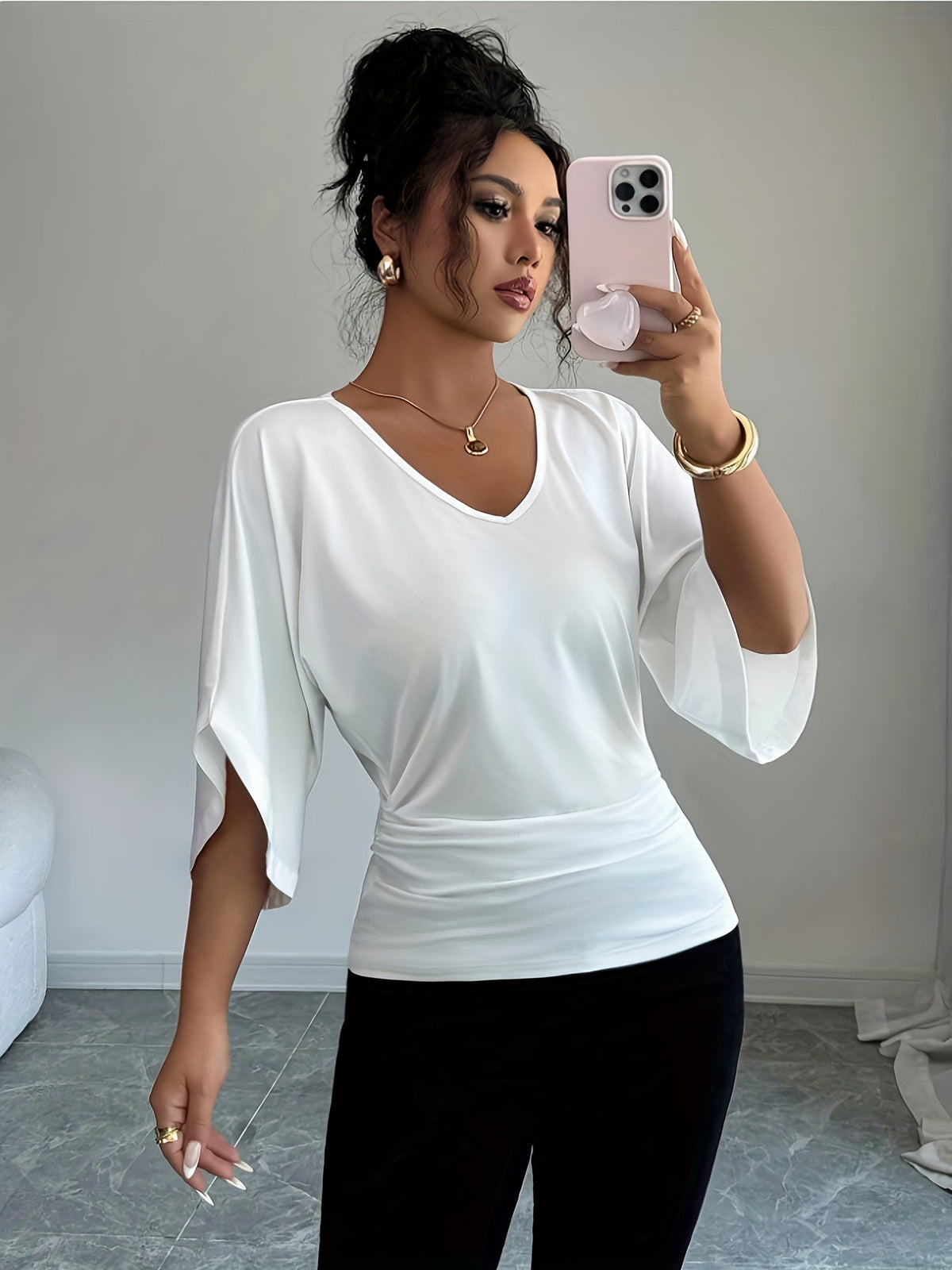Women's V-Neck Batwing Sleeve Knit Top - Casual Loose Fit Three Quarter Sleeve High Waist T-Shirt Blouse for Spring Summer Fall, Versatile Mid-Length Pullover Top, White Black, Sizes XS-XL