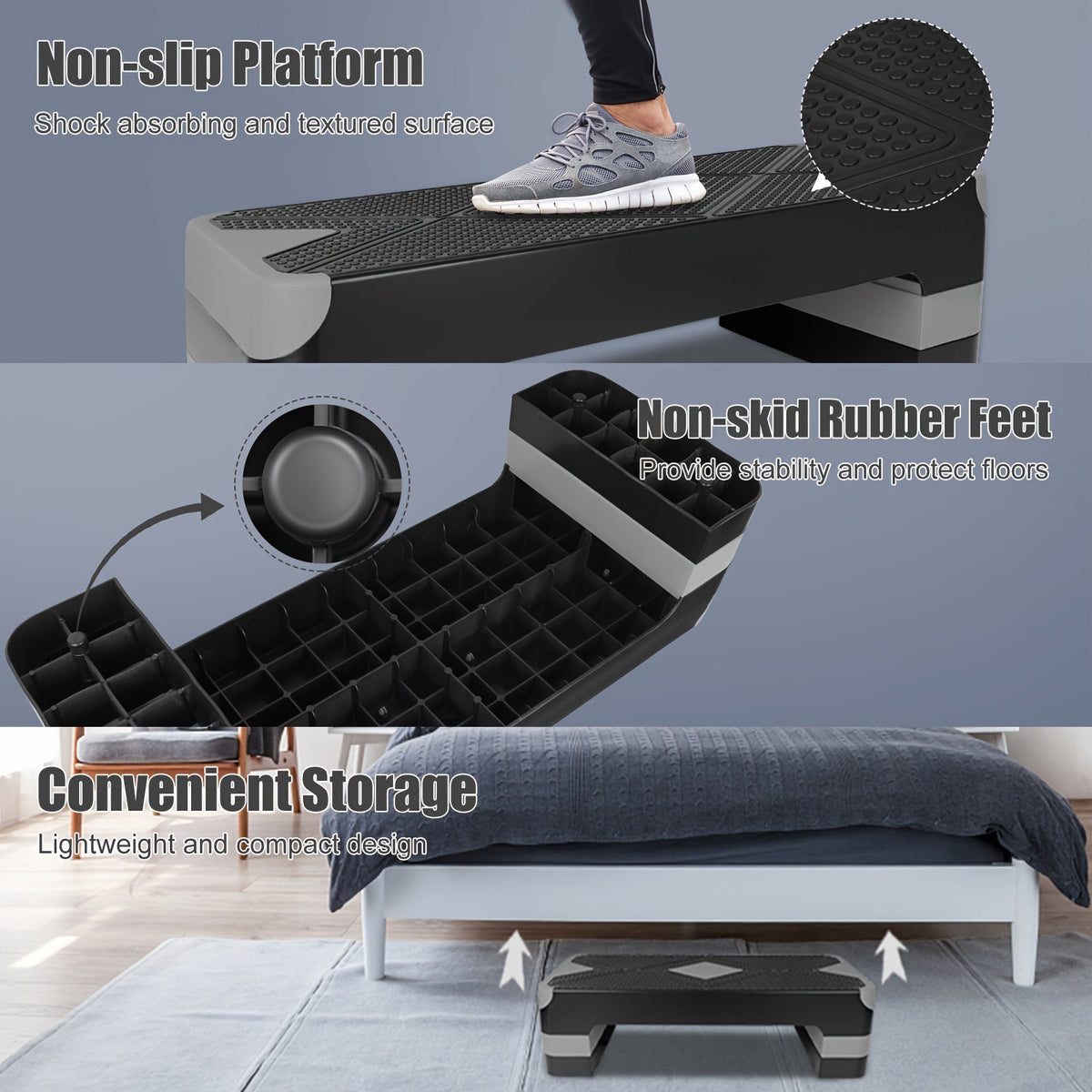 Adjustable Aerobic Step Platform – 3 Height Settings (4"/6"/8"), Non-Slip Workout Stepper for Home Gym Cardio Training, Step Aerobics Exercise Board (6 Colors)