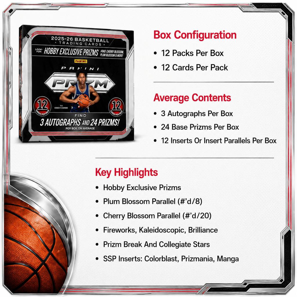 2025-26 Panini Prizm Basketball Hobby Box - 12 Packs, 3 Autographs, Hobby-Exclusive Prizms, Chase Inserts & Parallels, Premium Sports Trading Card Collector Box for Basketball Card Collectors