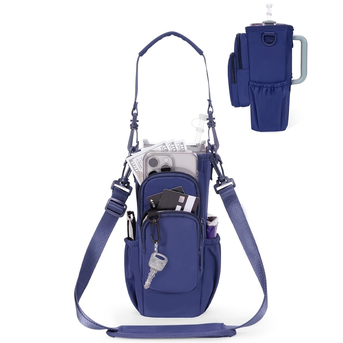 40oz Insulated Water Bottle Sling Bag with Straw Lid & Handle – Hands-Free Carrier with Phone Pocket Zippered Compartments Adjustable Strap for Dog Walking Gym Travel Outdoor Men Women