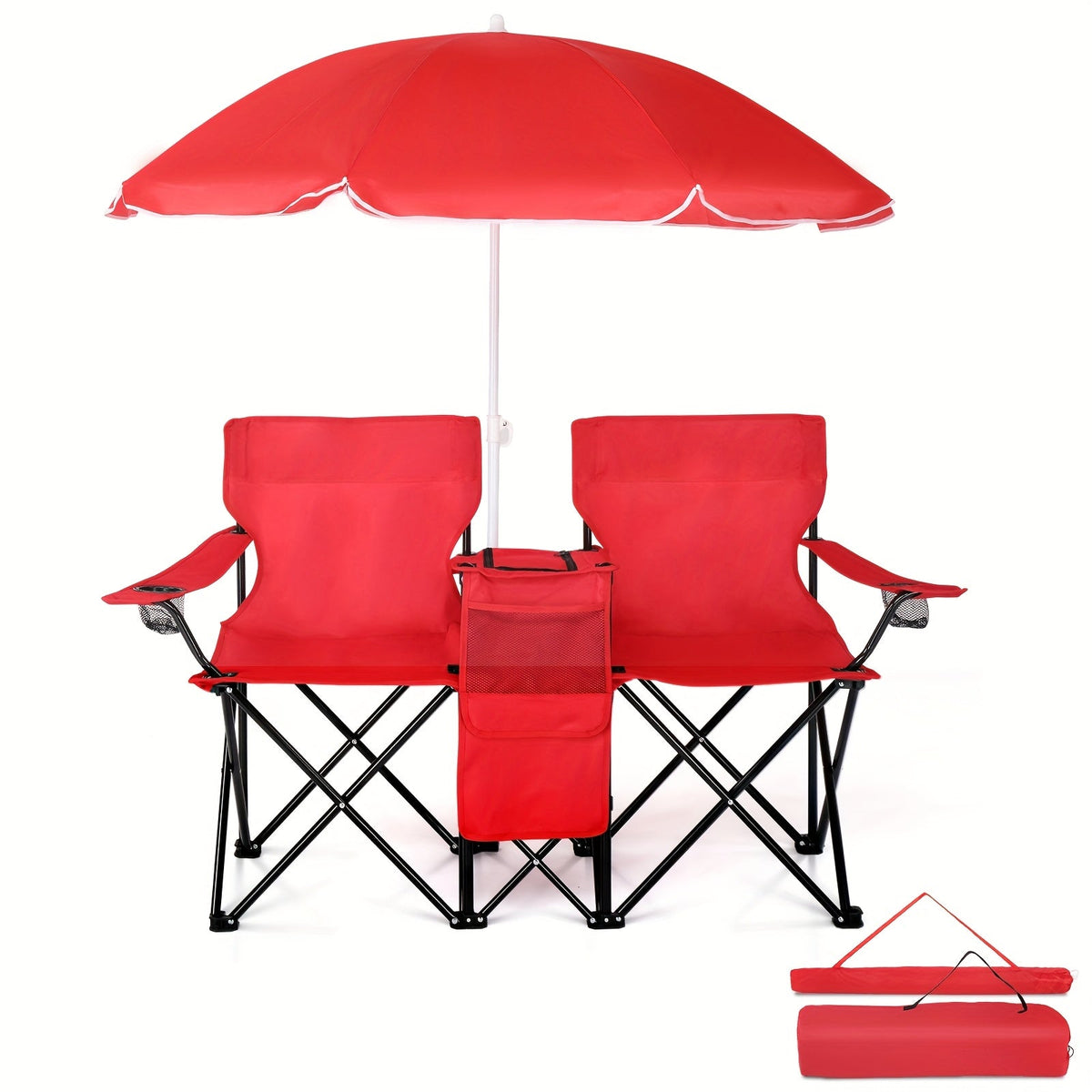 2-Person Outdoor Folding Chair with Removable Sun Umbrella – Portable Loveseat Camping Chair with Handrails for Fishing Beach Sunbathing Picnic
