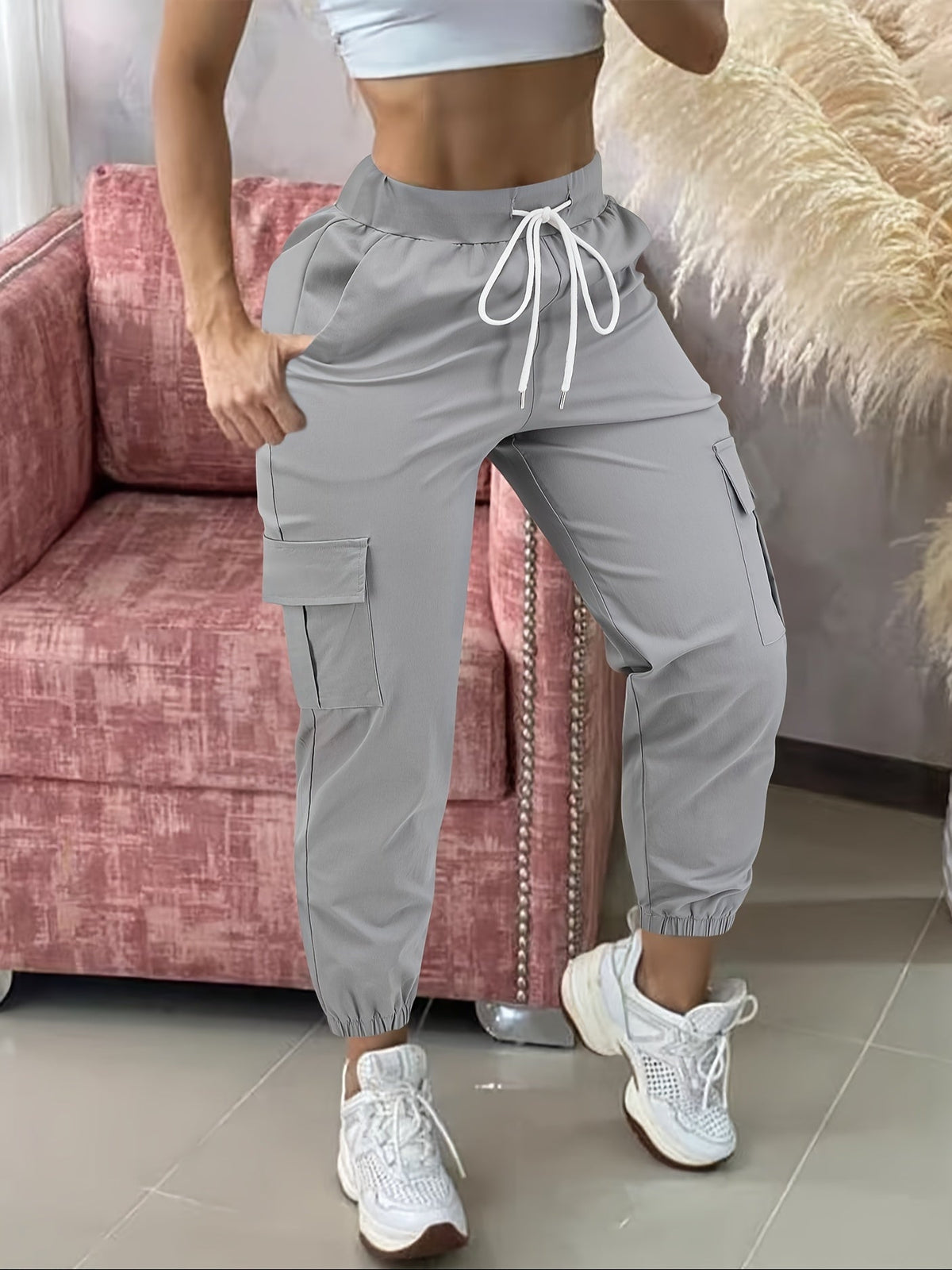 Cargo Pants Women Drawstring Waist Multiple Pockets Frayed Hem All-Season Comfort Fit Casual Wear - Black Khaki Olive Grey Navy Dark Gray S M L XL XXL Woven Stretch Fabric
