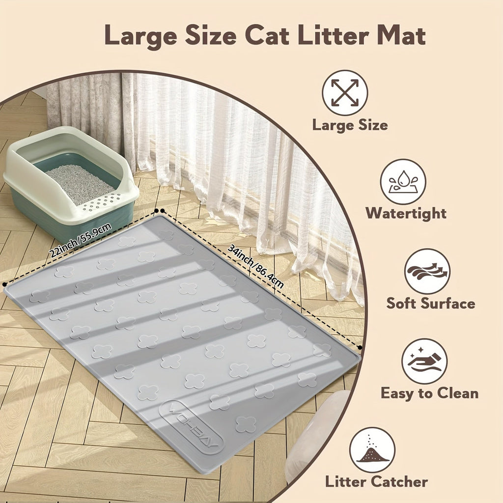 XXL Silicone Cat Litter Mat 3-in-1 – Washable Non-Slip Floor Protector with Raised Edges, Traps Litter, Kibble & Crumbs, Foldable Pet Feeding Mat for Cats, 34x22 Inch, Light Grey & Dark Gray