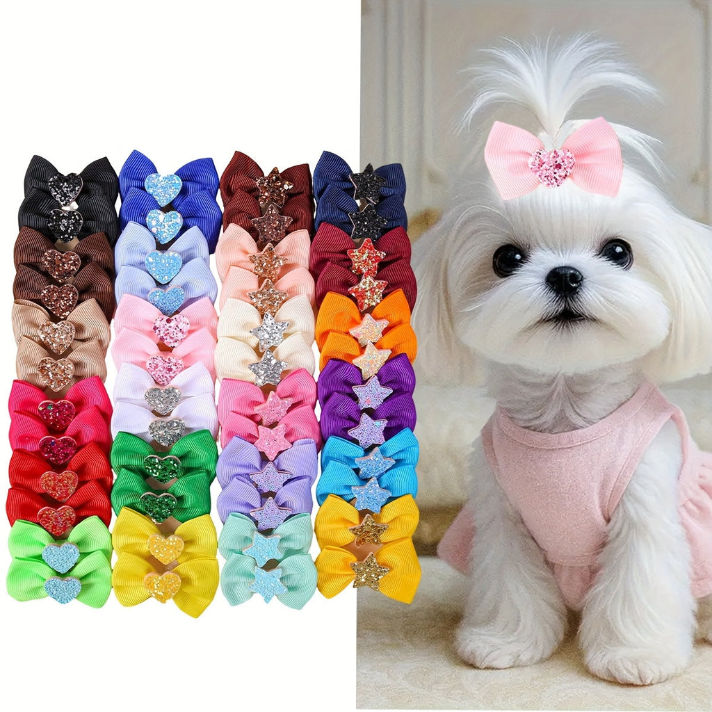Dog Bow Hair Clips 24pcs Assorted – Cute Glitter Heart & Star Grooming Hair Accessories for Small Dogs & Puppies, Mixed Color Random Styles Pet Hair Bows