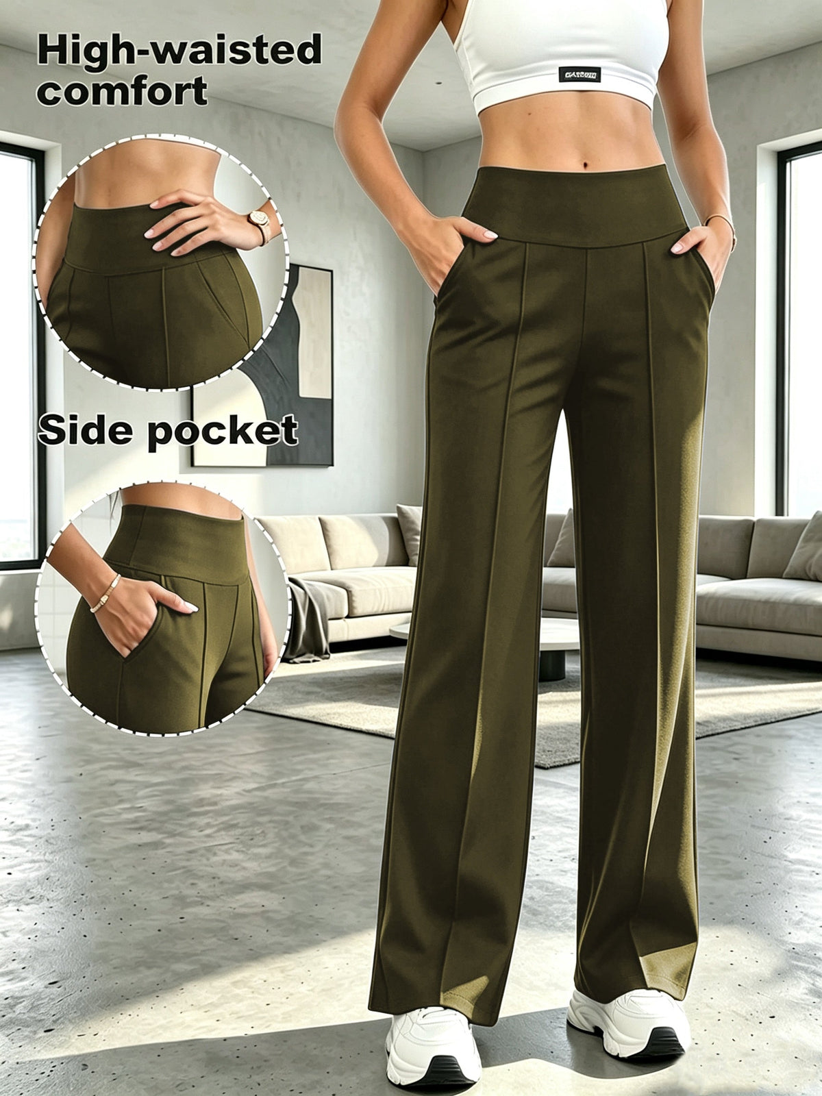 High Waist Tummy Control Wide Leg Pants Women with Pockets - Flowy Straight Leg Trousers, Soft Yoga Athletic Pants for Commute Casual Wear S M L XL