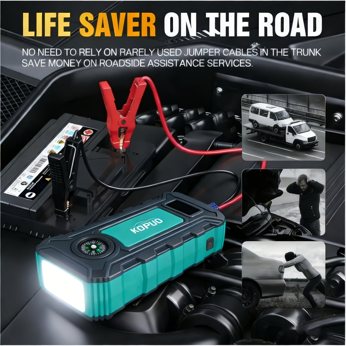 5000A/6000A Portable Car Jump Starter – 12V Battery Booster Pack for Gas & Diesel Vehicles, 65W Fast Charge Power Bank, LED Flashlight & LCD Display, Compact Emergency Jump Box