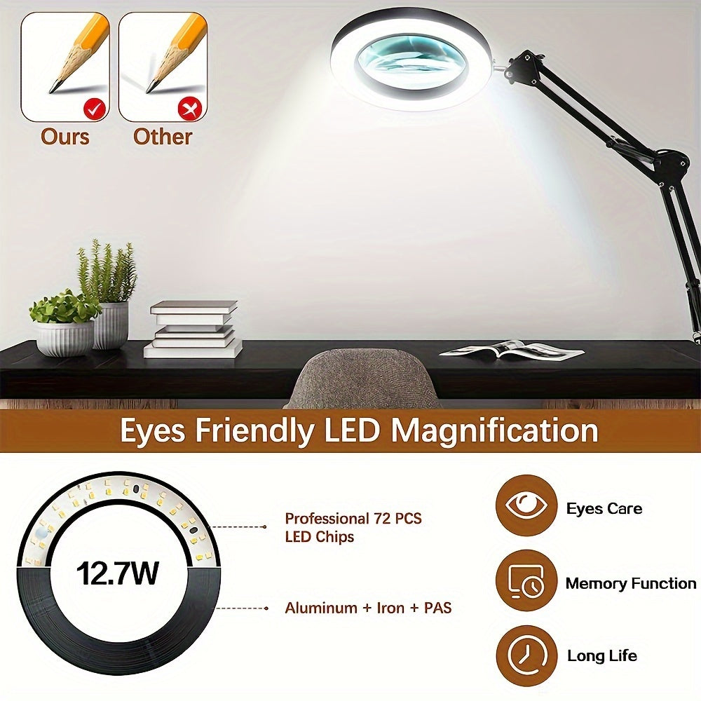 15X LED Magnifying Glass Lamp with Adjustable Arm & Clamp – Dimmable 3-Color USB Desk Magnifier for Reading, Crafts, Nail Art, Sewing & Precision Work (Black/White)