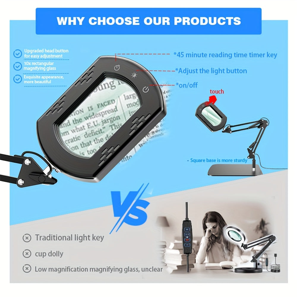 15X LED Magnifying Glass Lamp with Adjustable Arm & Clamp – Dimmable 3-Color USB Desk Magnifier for Reading, Crafts, Nail Art, Sewing & Precision Work (Black/White)