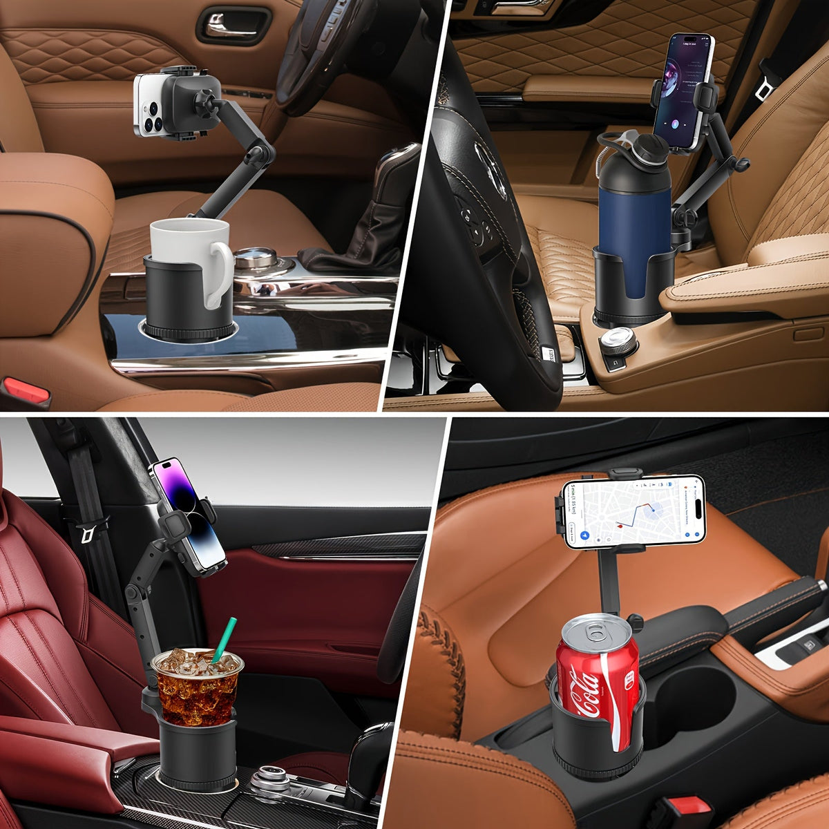 Car Phone Cup Holder Mount 2-in-1 Swivel 360° Rotation Universal Fit for Cars SUVs Trucks with Shock Absorption Trim - Black Extender