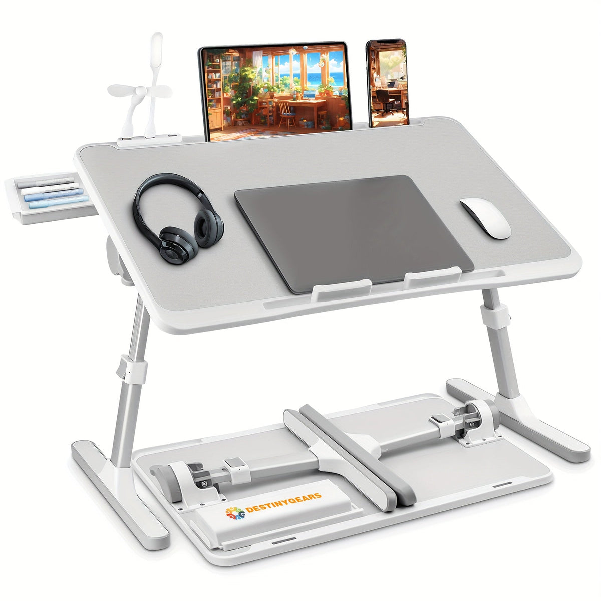Lap Desk Bed Tray Table with USB Light Fan & Drawer – Adjustable Portable Laptop Stand for Bed Couch Sofa, Laptop Desk for Reading Writing Eating, 10 Colors & Sizes