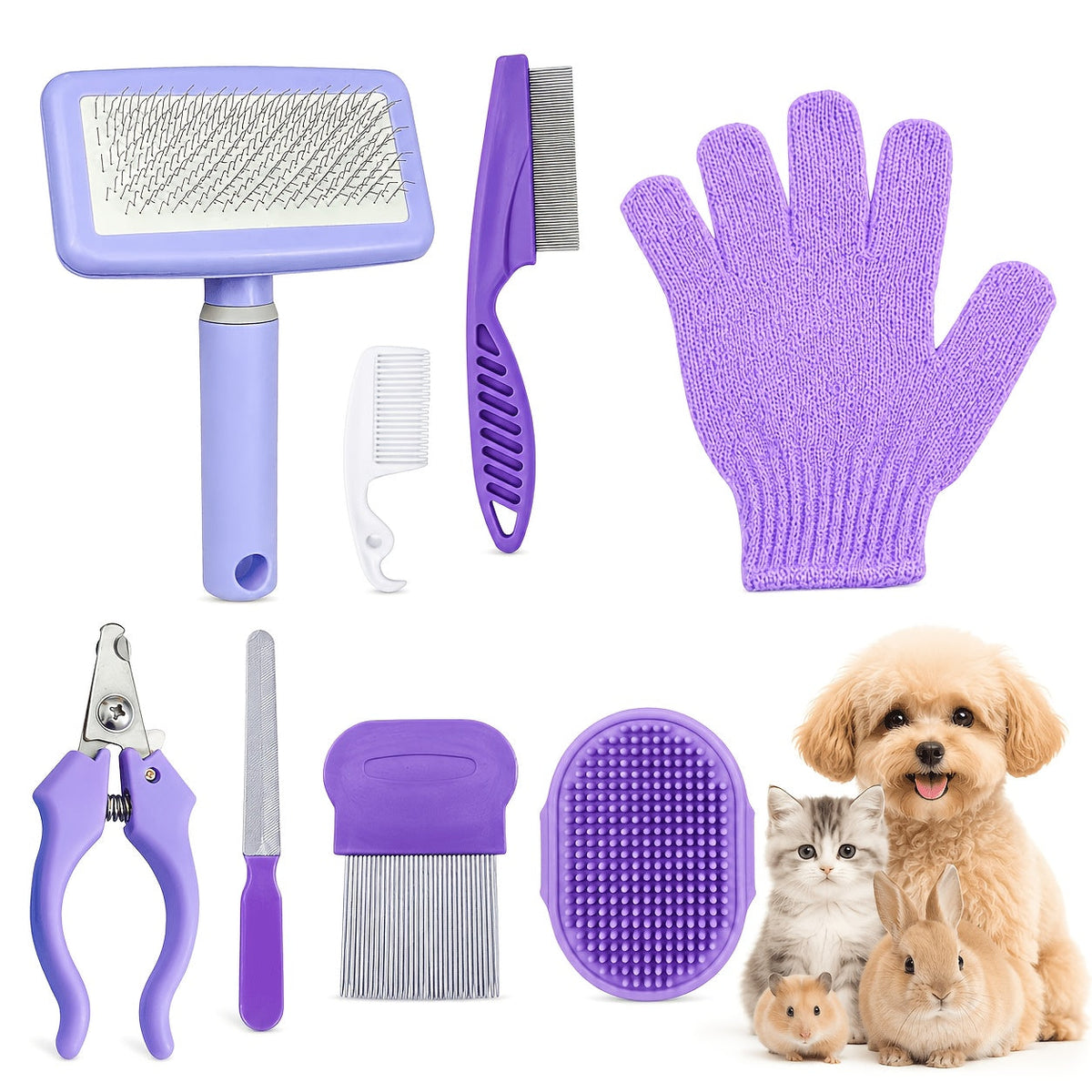 8-Piece Pet Grooming Comb Set for Dogs, Cats & Small Animals - Complete Long & Short Hair Care Kit, Multi-Function Grooming Combs for All Coat Types, Home Grooming Essential (Purple)