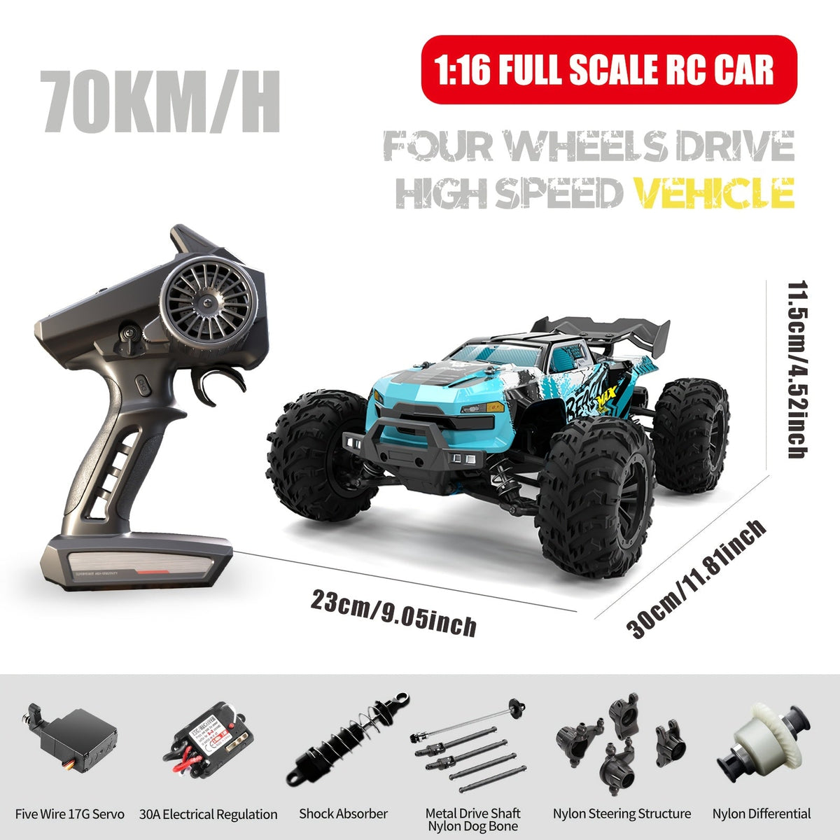 High Speed RC Car 70KM/H 1:16 Scale 4WD Off-Road Remote Control Car with RC390 Brushless Motor, 2.4GHz, Head-Up Wheelie, LED Lights, All Terrain Drift Racing Vehicle – ZHUOYOU 2 Batteries Included