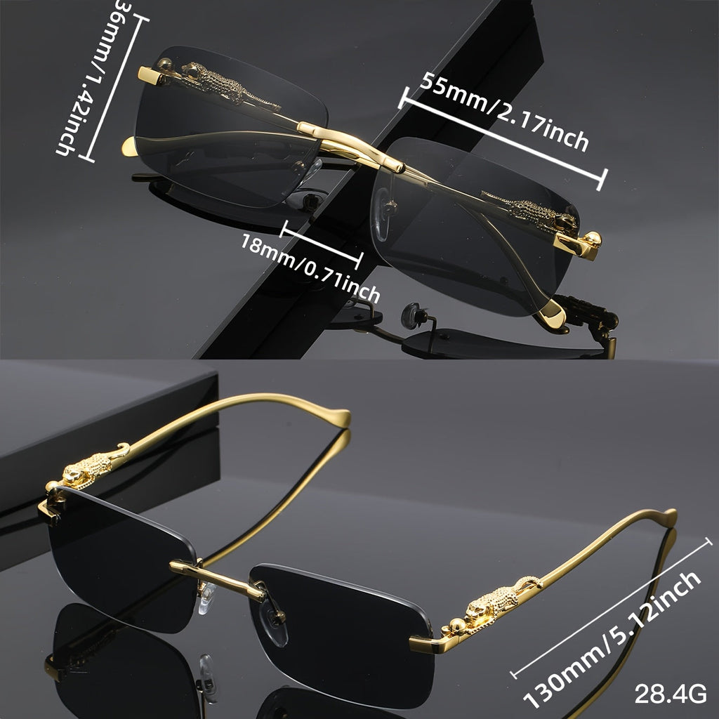 Leopard Print Frameless Square Sunglasses for Men Women – Gold Frame with Case & Cleaning Cloth, Champagne White Gray Lens, Trendy Unisex Eyewear for Casual Outfits, Parties & Photo Props