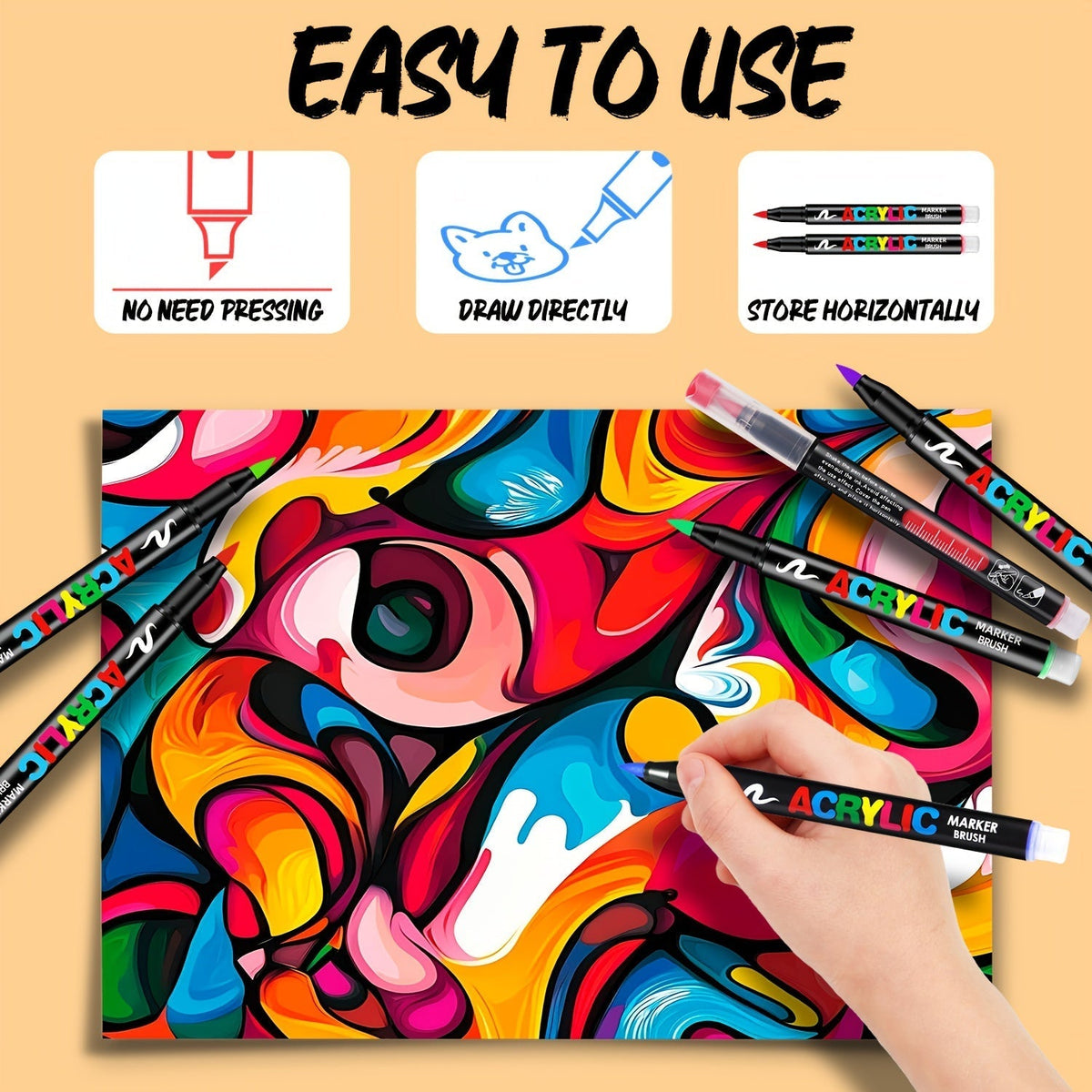Acrylic Paint Markers 48/72 Colors Brush Tip – Permanent Flexible Tip Paint Pens for Fabric, Rock, Glass, Wood, Canvas, Ceramic & Plastic, Anti-Clog Ink System, School Art Craft Gift