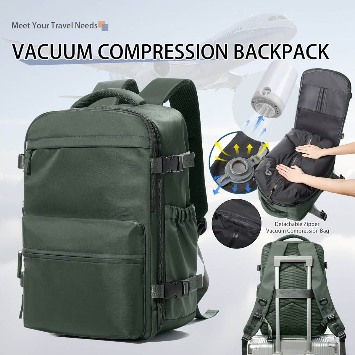 Vacuum Seal Travel Backpack with Air Pump – Expandable Large Capacity Compression Space Saver Laptop Carry-On Bag Oxford Cloth for Men Women Hiking Camping Travel