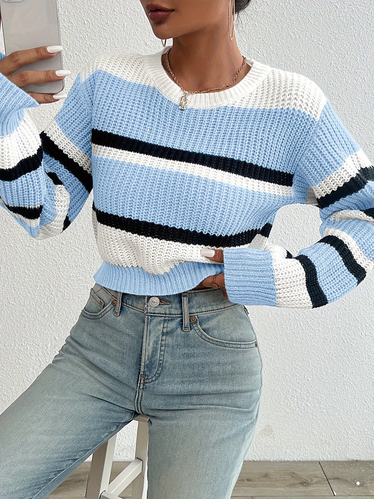 Striped Color Block Drop Shoulder Cropped Sweater Women Fall Winter Loose Fit Knit Pullover Round Neck Long Sleeve Top S-XL