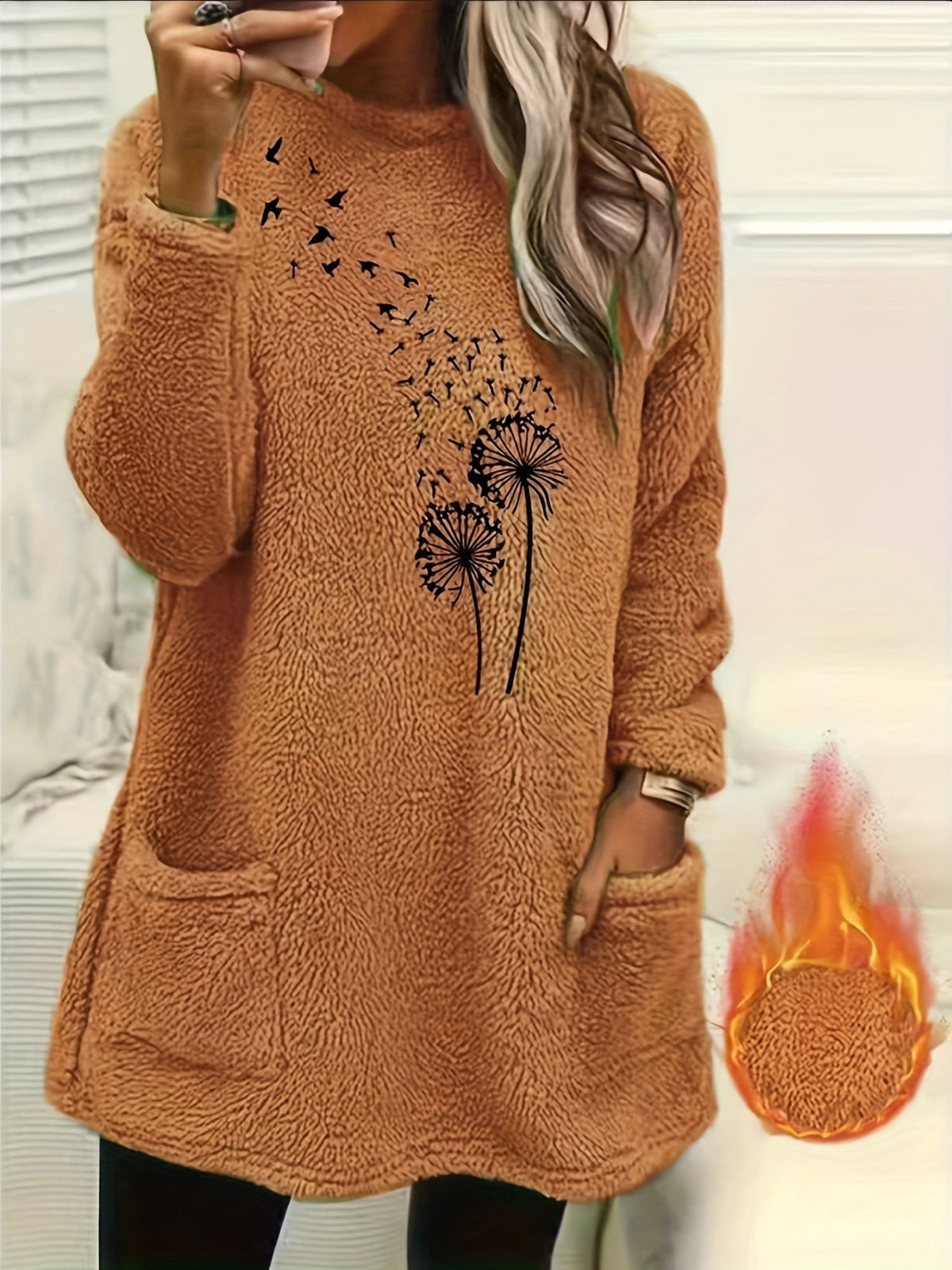 Dandelion Print Sweatshirt Women - Cozy Fleece-Lined Long Sleeve Pullover, Soft Stretch Casual Fall Winter Top, S-XXL