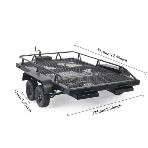 1/10 Scale Dual-Axle Metal Flatbed Trailer for RC Crawler – Compatible with TRX4 KM2 SCX10 RC4WD D90, 815mm Total Length, 50KG+ Load Capacity, Simulation RC Car Accessory