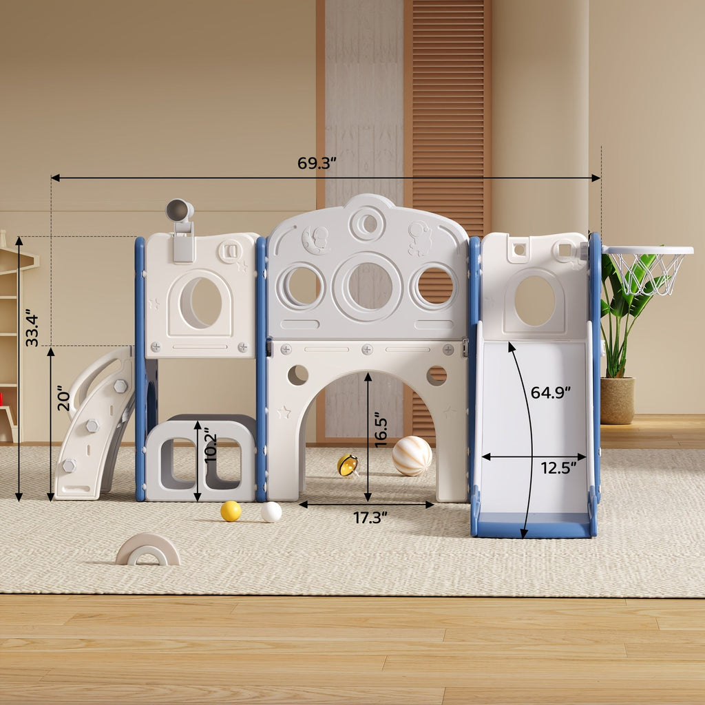 Toddler Kids Slide Outdoor Indoor Playset with Basketball Hoop and Telescope Backyard Playground Equipment for Baby Boys Girls Birthday Gift Grey White Orange Green