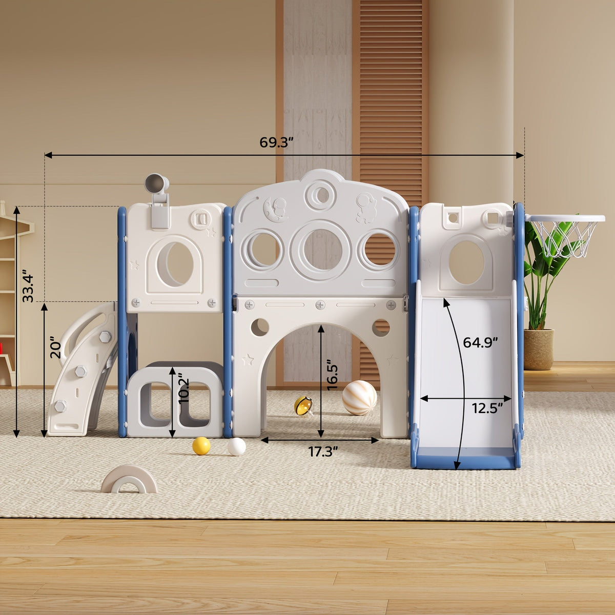 Toddler Kids Slide Outdoor Indoor Playset with Basketball Hoop and Telescope Backyard Playground Equipment for Baby Boys Girls Birthday Gift Grey White Orange Green