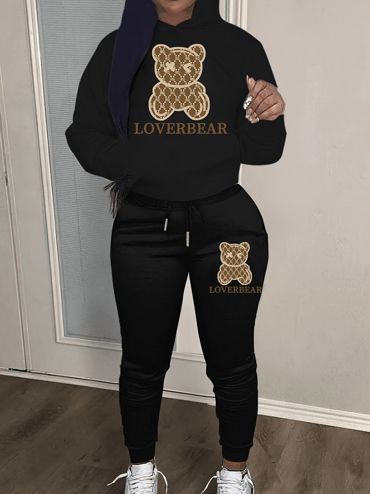 Cartoon Bear Print Two-piece Set Hoodie & Jogger Pants Women Tracksuit Drawstring Long Sleeve Sweatsuit Outfit S-XXL Multiple Colors