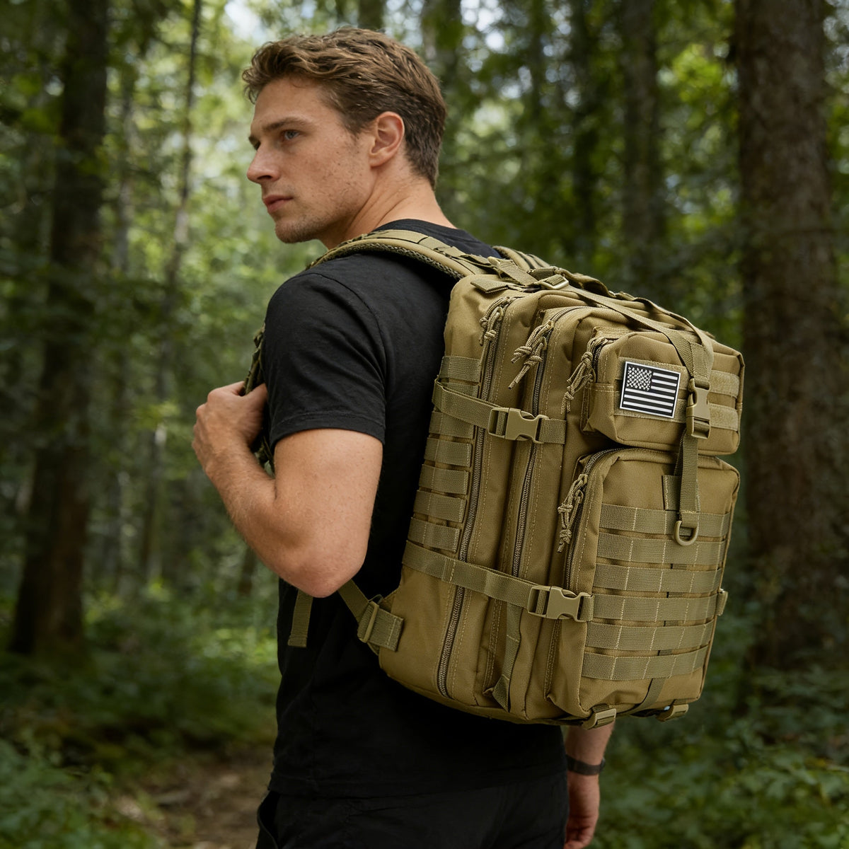 Tactical Hiking Backpack 45L 3-Day Rucksack – Multifunctional Camping Trekking Hunting Shoulder Bag with Zip Closure, Durable Sports Pack for Men and Women, Black Green Khaki