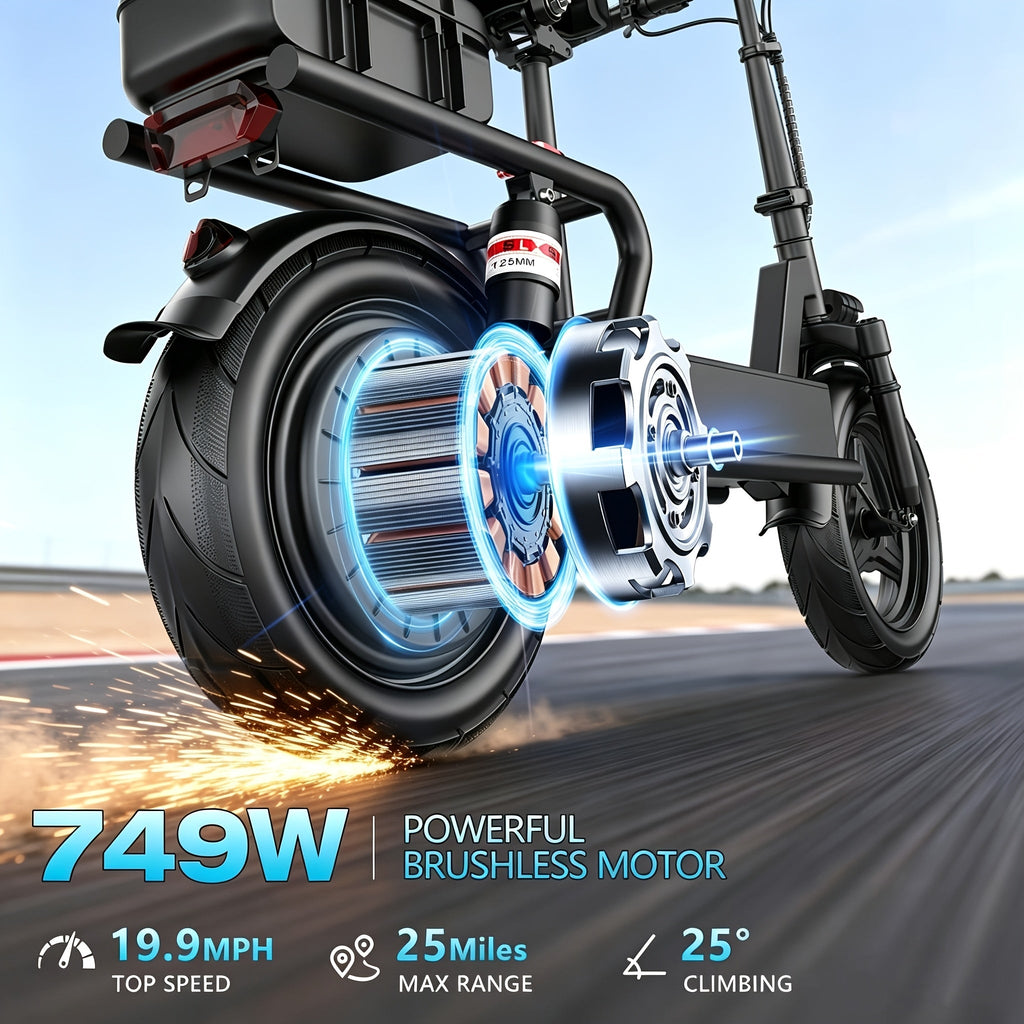 749W Electric Scooter with Seat & Rear Trunk - 48V 18Ah Battery Up to 25 Miles Range, 3-Speed Commuter E-Scooter, Dual Disc Brakes, Key-Lockable Detachable Trunk | Adults City Commuter