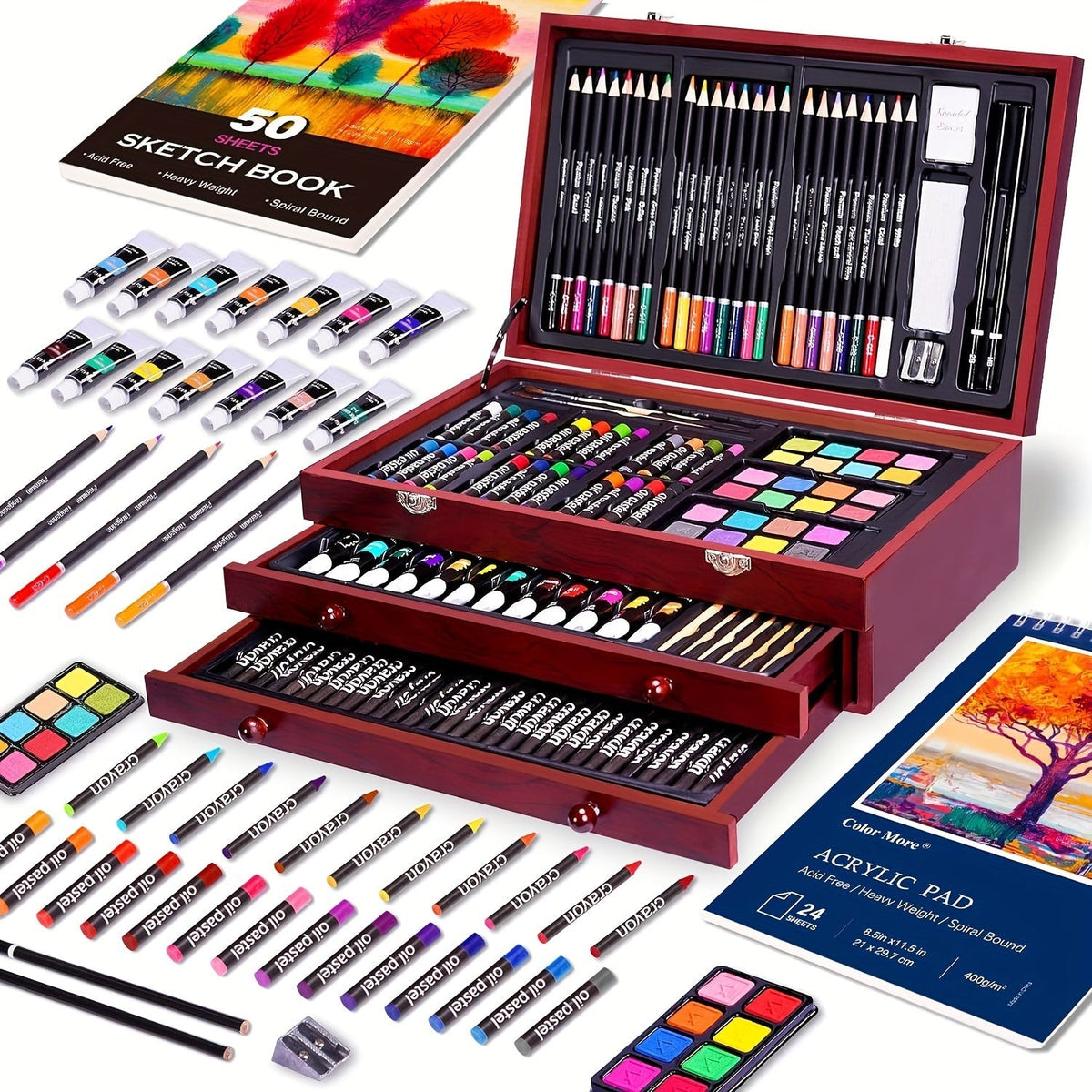 175-Piece Deluxe Art Set in Wooden Case – Complete Art Kit with Drawing Pads, Crayons, Acrylic Paints & Colored Pencils, Professional Artist Supplies Gift for Kids Teens Adults, All Occasions