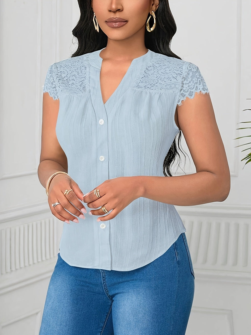 Women's Elegant Lace Patchwork Blouse – V-Neck Striped Semi-Sheer Woven Top for Summer, Casual & Weekend Wear