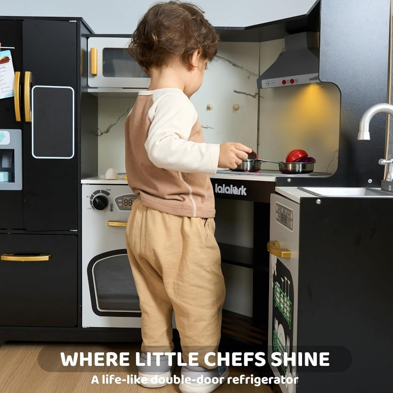 Wooden Corner Play Kitchen Set for Kids – Real Lights & Sounds, Double-Door Fridge, Ice Maker, Stovetop, Oven, Microwave & Accessories – ASTM & CPSIA Safe – Best Birthday Gift for Boys & Girls