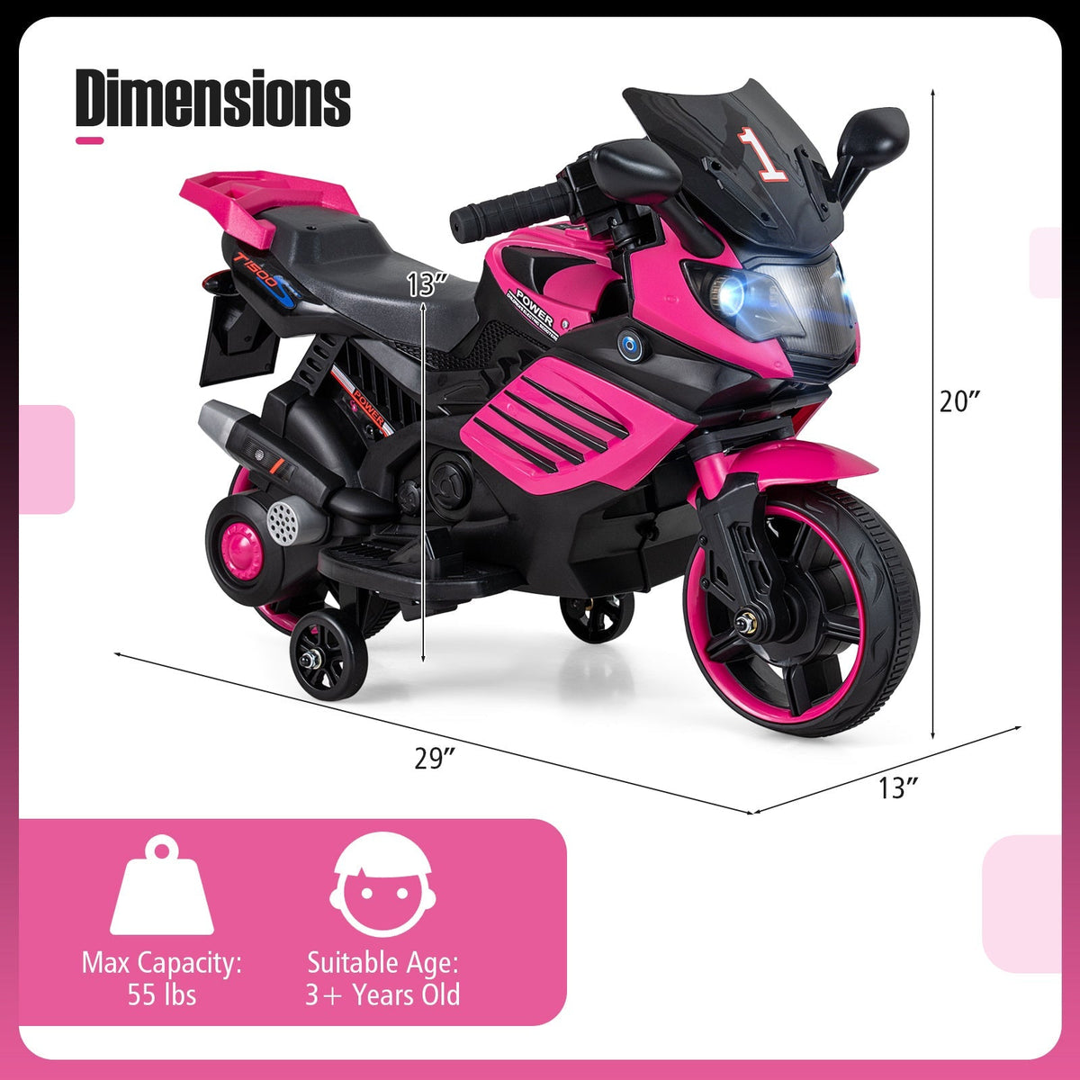 6V Kids Ride On Motorcycle Electric Motorbike with Detachable Training Wheels LED Headlights Music Anti-Skid Wheels Comfortable Saddle Seat Gift for Boys Girls Ages 3 and Up Pink