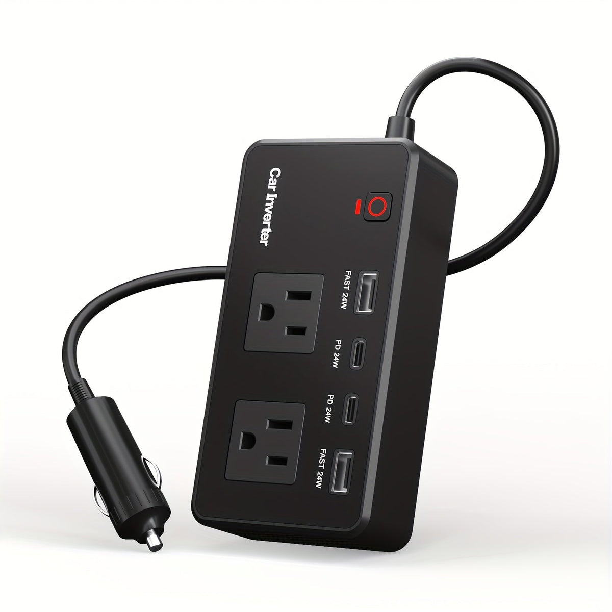 200W Car Power Inverter DC 12V to AC 110V with 24W USB-C & USB-A 4.8A Ports – Vehicle Outlet Adapter for Laptop, Camping, Travel & Road Trip Power Converter