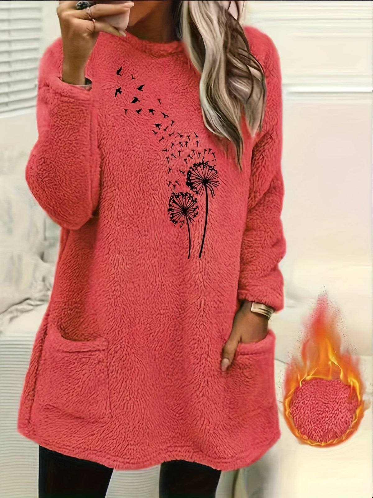 Dandelion Print Sweatshirt Women - Cozy Fleece-Lined Long Sleeve Pullover, Soft Stretch Casual Fall Winter Top, S-XXL