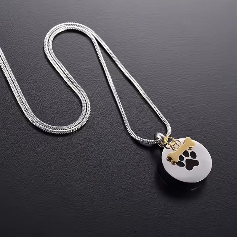 Pet Paw Print Urn Necklace for Ashes - Round Stainless Steel Keepsake Locket Pendant for Dog & Cat Memorial, Cremation Jewelry Ashes Holder for Pet Loss (Silvery)
