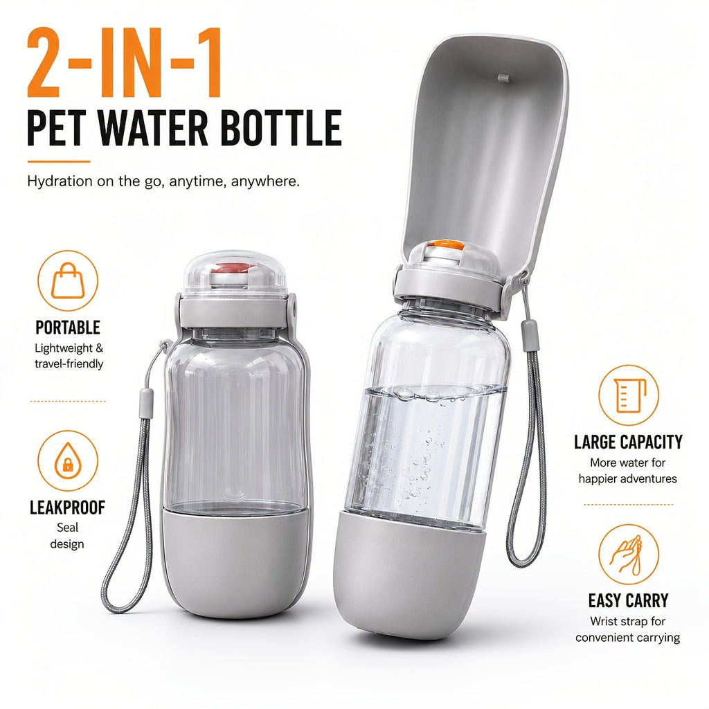 Portable Pet Water Bottle with Lanyard 2-in-1 Leak-Proof Water & Food Dispenser for Dogs & Cats - Compact Travel Water Cup for Outdoor Walks Hiking Camping - Lightweight Dog Cat Water Bottle